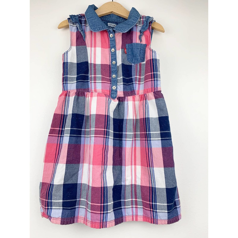 LEVI'S Girls Plaid Denim Dress Pocket Button 6
